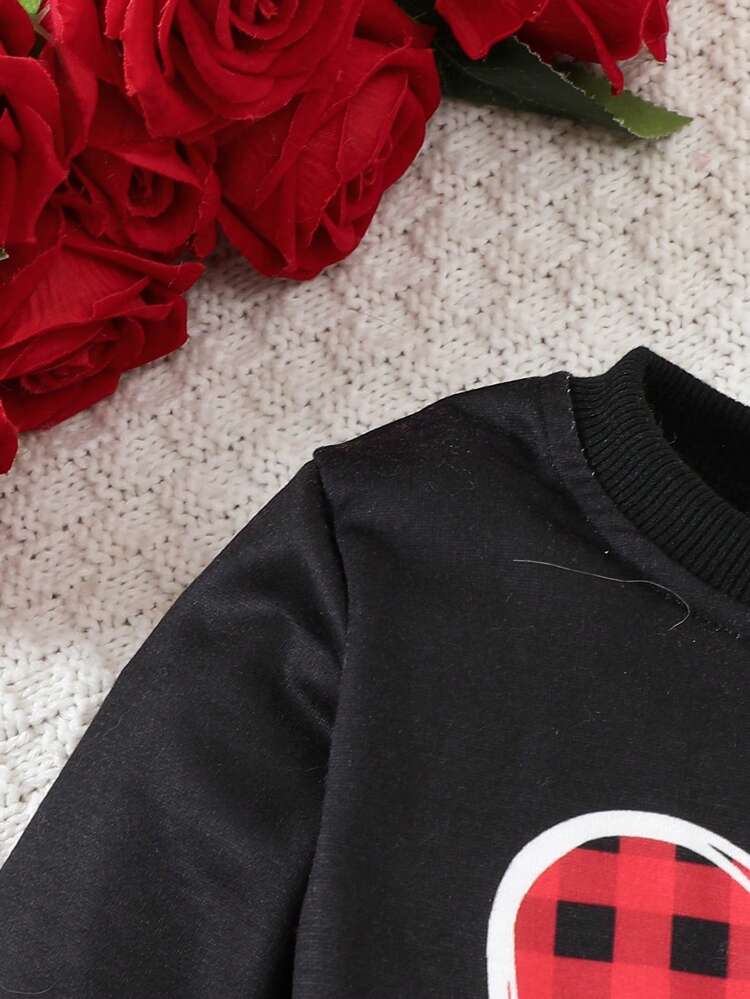 Baby Girls Letter & Heart Print Gingham Ruffle Hem Sweatshirt Dress