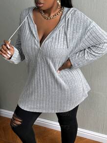 Slaydiva 2024 New Thanksgiving Women Clothes , Women Solid Color Drop Shoulder Long Sleeve Zip Half Placket Casual Hooded Tee - Grey - View 5