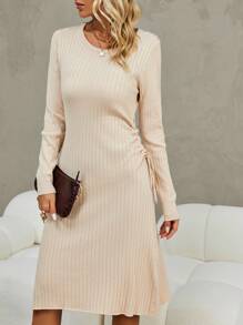 SHEIN Clasi Drawstring Side Ribbed Knit Sweater Dress - Apricot - View 5