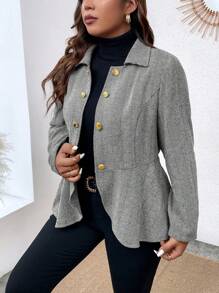 Calvaya Plus Herringbone Peplum Hem Overcoat - Black and White - View 5