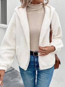SHEIN LUNE Drop Shoulder Hooded Teddy Coat - White - View 1
