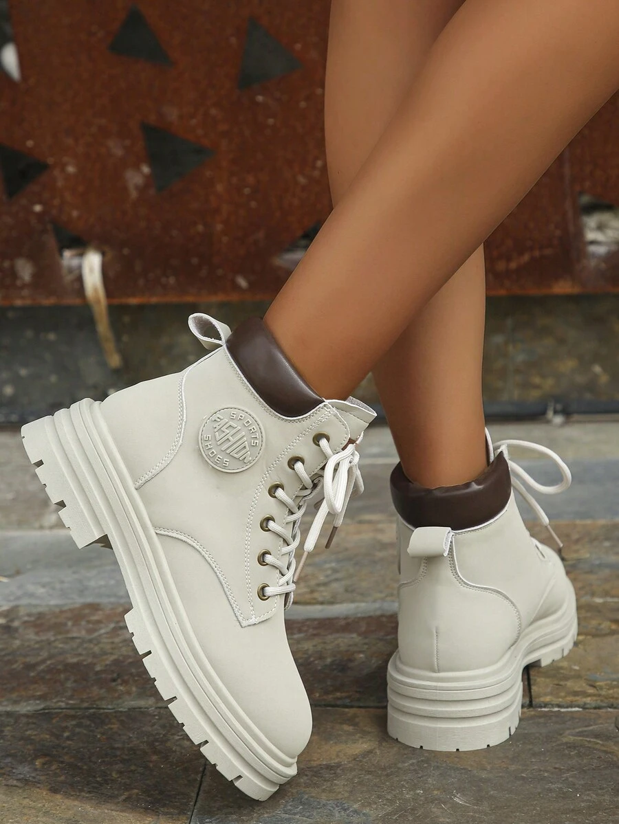 Botas altas para mujer, botines de suela gruesa, botas para deportes al aire libre y moto - Gris - Ver 1