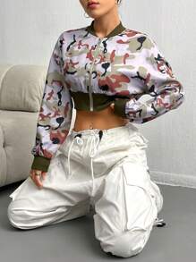 SHEIN Unity Camo Print Drop Shoulder Crop Bomber Jacket - Multicolor - View 5