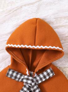 SHEIN Baby Girl Checkerboard Print Dress & Hooded Cape Coat & Scarf - Khaki - View 3