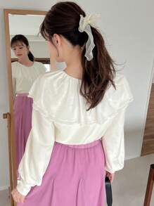 FRIFUL Chất rắn Viền Ruffle Tay áo Đèn lồng Áo thun - Màu be - Xem 2