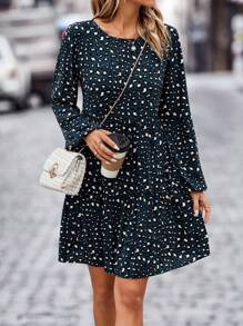 SHEIN LUNE Dalmatian Print Lantern Sleeve Ruffle Hem Smock Dress - Dark Green - View 1