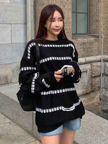 DAZY Striped Pattern Drop Shoulder Sweater,Fall Women Clothes - Black and White - View 5
