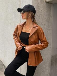 Aveloria Zip Up Peplum PU Jacket Fall Cloth For Women - Champagne - View 6