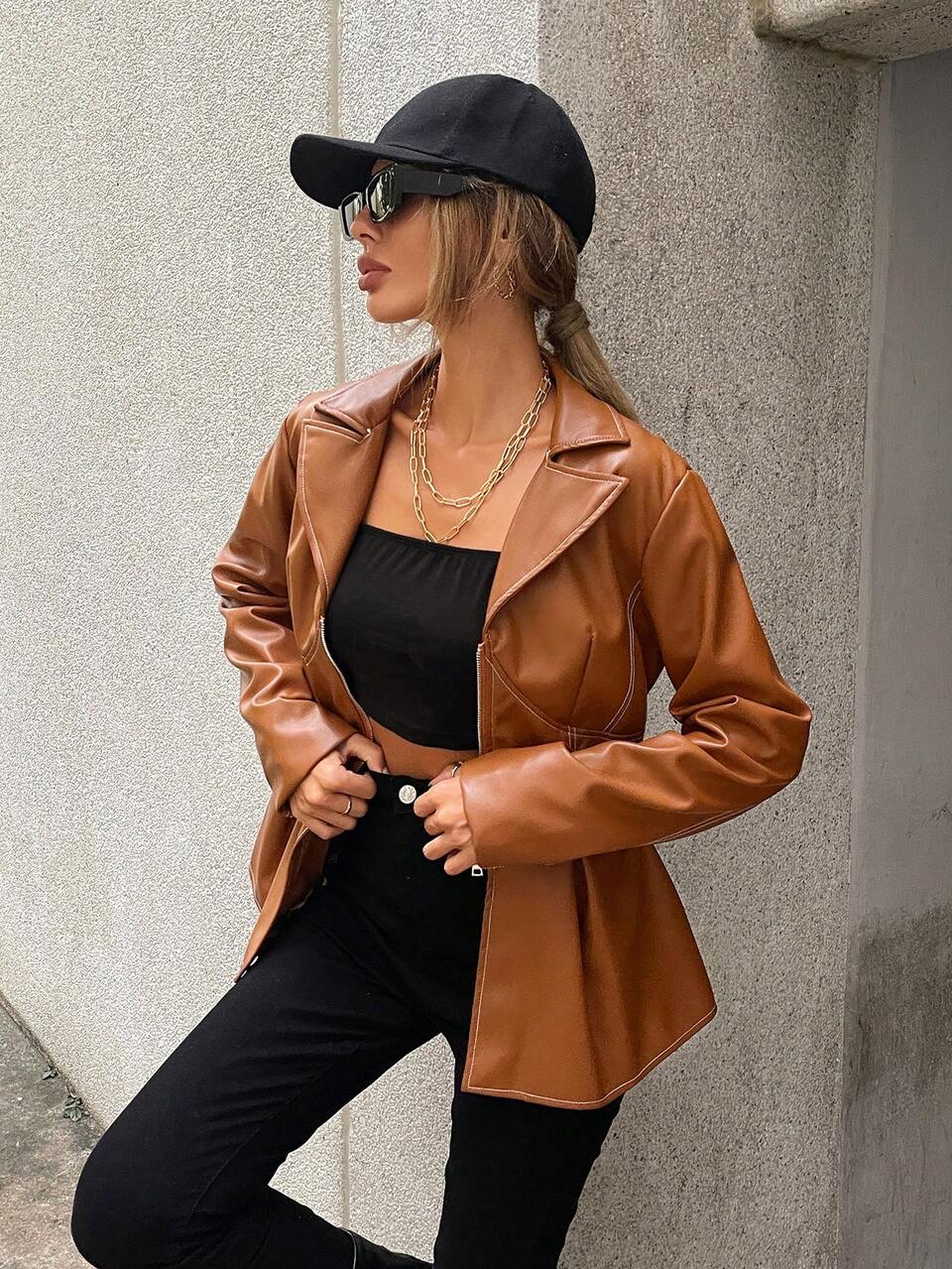 Zip Up Peplum PU Jacket Fall Cloth For Women
