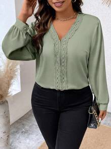 Celure Plus Guipure Lace Insert Lantern Sleeve Blouse - Green - View 7