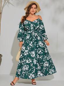 SHEIN VCAY 大碼印花挖肩繫腰帶洋裝 - 彩色 - 查看 1