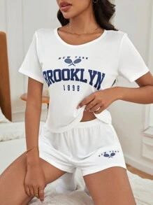 Miss Vinta Women's Summer Letter Print Short Sleeve White Top And Shorts Pajama Set - White - View 5