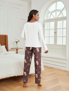 Slogan Graphic Tee & Cartoon Graphic Pants PJ Set - Coffee Brown - View 2