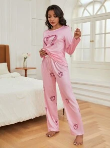 In Trái tim Bộ áo Tee & quần PJ - Hồng - Xem 4