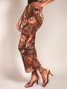 SHEIN BAE Leopard & Floral Print Pencil Skirt - Brown - View 5