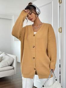 SHEIN Unity 落肩袖前紐扣落肩袖開襟衫 - 卡其色 - 查看 3