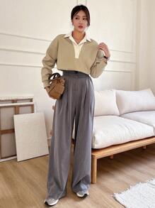 DAZY Women's Contrast Color Fleece Polo Collar Drop Shoulder Long Sleeve Casual Sweatshirt, Autumn - Khaki - View 6