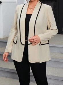 SHEIN Privé Plus Contrast Binding Open Front Blazer - Khaki - View 5