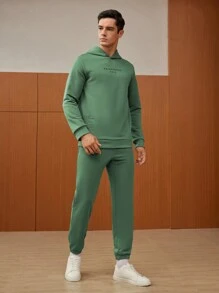 GENTILAND Men Letter Graphic Hoodie & Sweatpants - Green - View 1