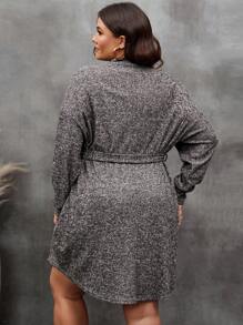 SHEIN LUNE Plus Mock Neck Drop Shoulder Belted Dress - Dark Grey - View 3