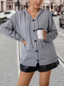 SHEIN LUNE 大碼落肩袖前紐扣抽繩連帽開襟衫 - 灰色 - 查看 6