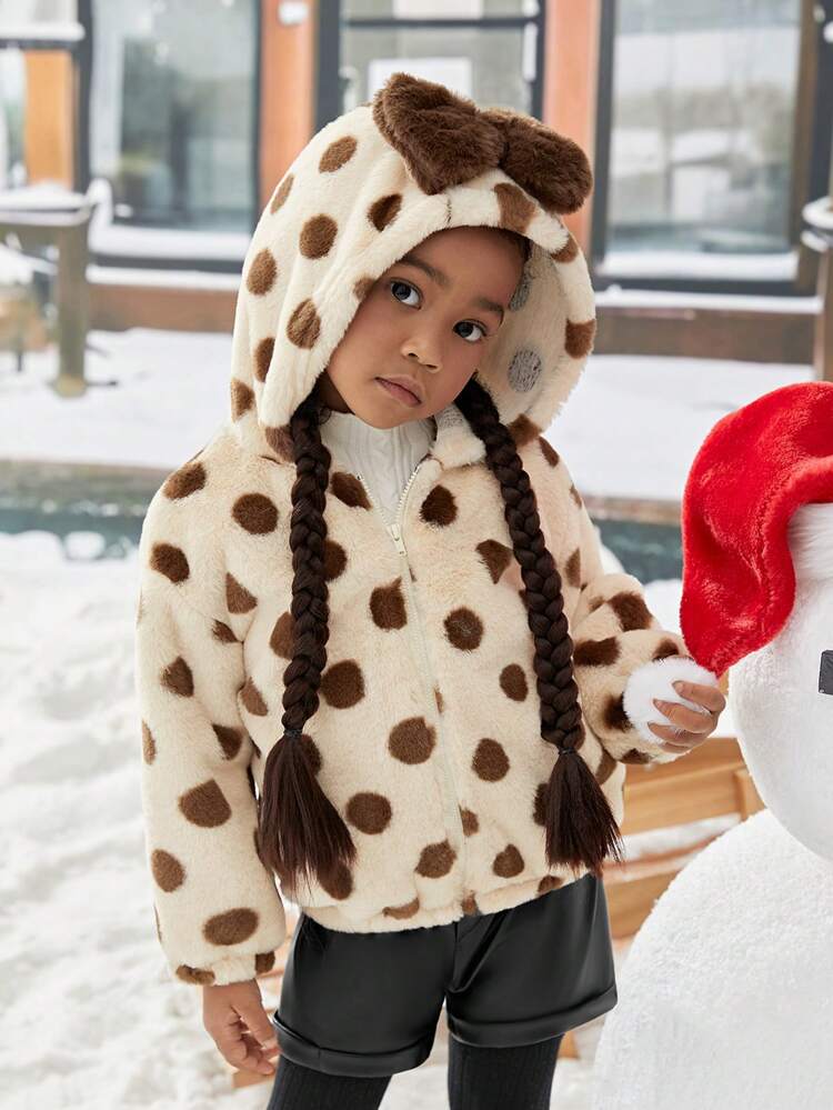 Young Girl Polka Dot Pattern Drop Shoulder 3D Ear Design Hooded Teddy Jacket