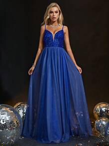 Contrast Sequin Mesh Overlay Cami Formal Dress - Royal Blue - View 1