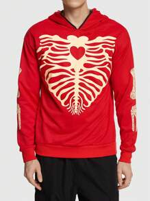 ROMWE MEN ROMWE Avant Guys Skeleton Print Hoodie, Halloween - Red - View 6