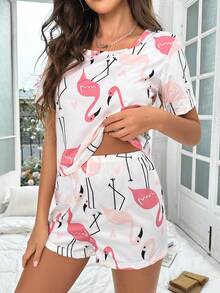 火烈鳥圖案T恤和短褲睡衣套裝 - 彩色 - 查看 4