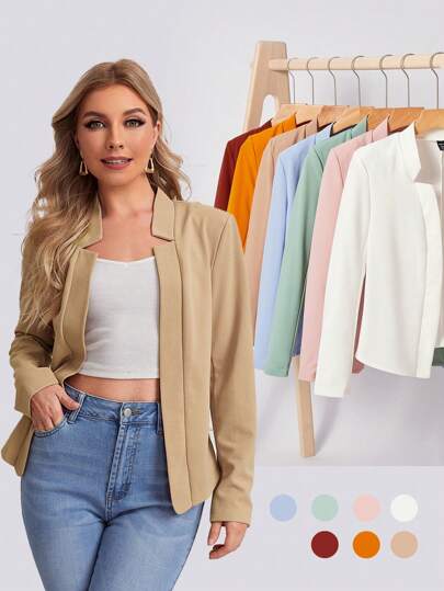 BizChic Blazer ligero de mujer con frente abierto, parte superior básica para el transporte urbano, ropa de exterior minimalista y de moda para uso casual en la oficina en otoño/invierno