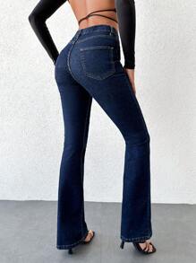 SHEIN Cottnline Women's High Waist Skinny Flared Jeans - Dark Wash - View 4