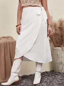 SHEIN VCAY 大碼素色側打結裹身裙 - 白色 - 查看 1