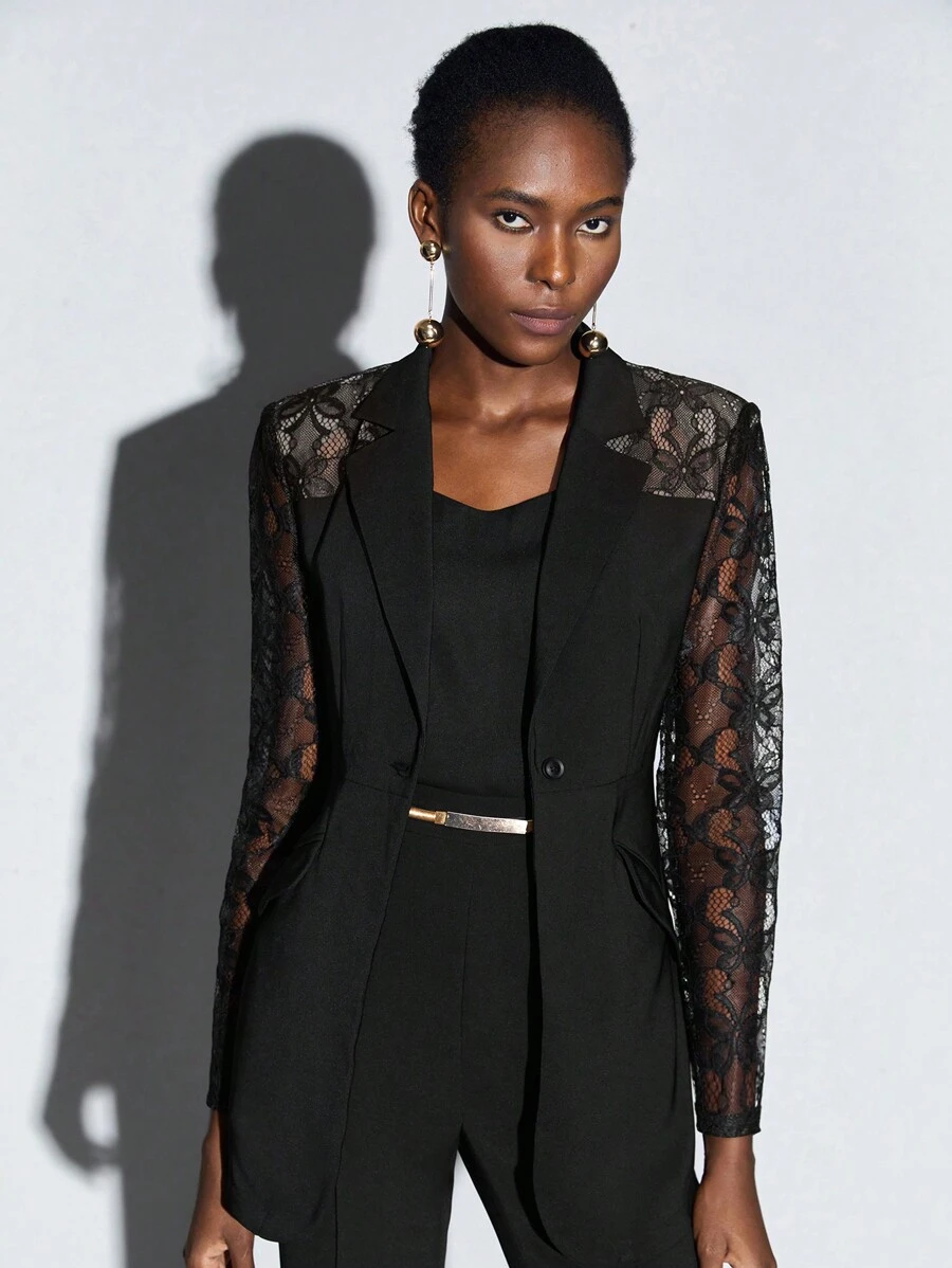 BizChic 蕾絲花邊單釦西裝外套 - 黑色 - 查看 1