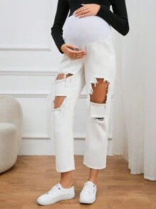 SHEIN Maternity Wideband Waist Cut Out Ripped Straight Leg Jeans - White - View 5