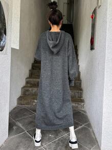 DAZY Solid Drop Shoulder Hooded Sweater Dress - Dark Grey - View 6