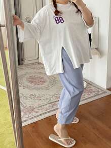 Dazy Plus Letter Print T-Shirt - Light Grey - View 6