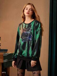 HARRY POTTER X SHEIN 紮染字母圖案落肩袖運動衫 - 彩色 - 查看 2