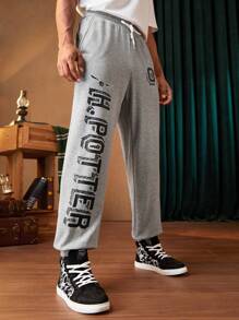 HARRY POTTER X SHEIN Men Letter Graphic Drawstring Waist Sweatpants - Light Grey - View 2