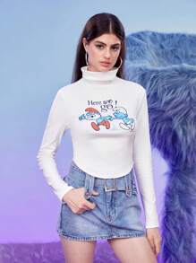 SHEIN X The Smurfs Cartoon Graphic High Neck Tee - White - View 4