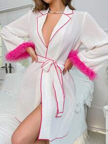 Bata con cinturón de malla en contraste de puño con fruncido ribete unido - Albaricoque - Ver 3