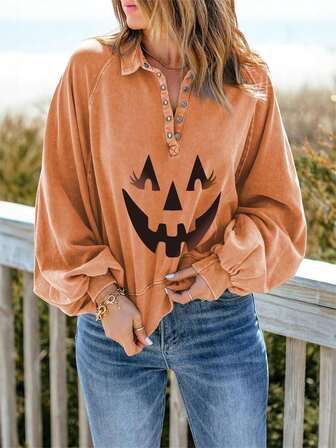 Halloween Expression Print Raglan Sleeve Button Front Sweatshirt