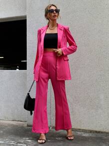 SHEIN Privé Cổ áo Áo vest & Đường may Chi tiết Quần ống loe - Màu Hồng Tươi - Xem 1