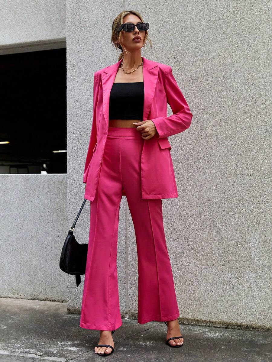 SHEIN Privé Cổ áo Áo vest & Đường may Chi tiết Quần ống loe - Màu Hồng Tươi - Xem 1