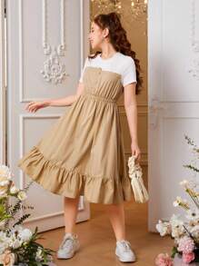 SHEIN Teen Girl Two Tone Ruffle Hem Dress - Khaki - View 5