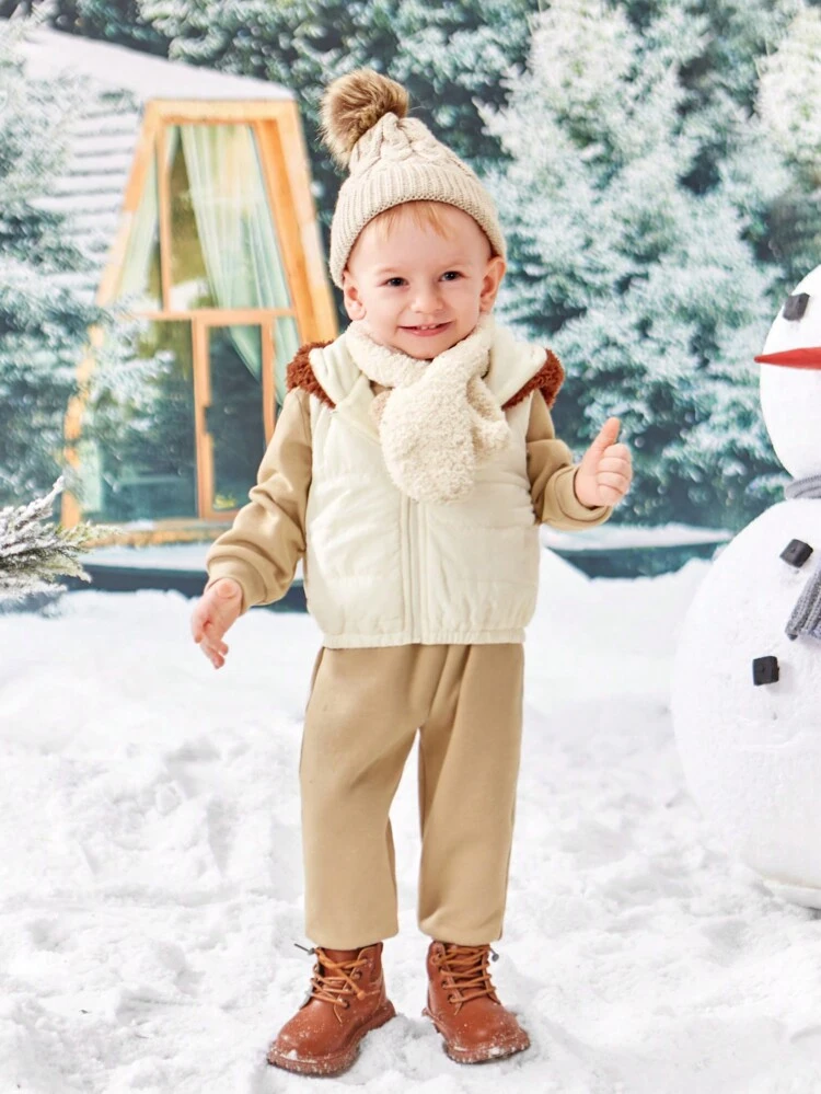 Baby Boy Cartoon Graphic Hooded Vest Jacket & Solid Hoodie & Sweatpants