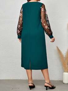 EMERY ROSE Talla grande Vestido con bordado floral de manga de malla - Verde Oscuro - Ver 2