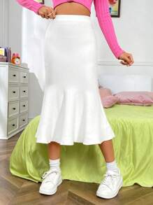 SHEIN MOD Chất rắn Nàng tiên cá Hem Váy dệt kim - trắng - Xem 1