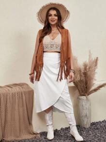 SHEIN VCAY 大碼素色側打結裹身裙 - 白色 - 查看 5