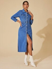 SHEIN Privé Flap Pocket Button Front Denim Dress - Blue - View 6