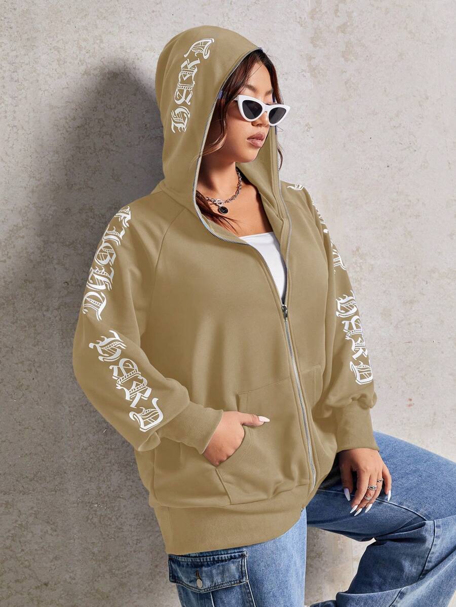 SHEIN EZwear Plus Size Letter Graphic Raglan Sleeve Zip Up Sweatshirt - Khaki - View 1